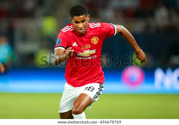 Skopje, FYROM - August 8,2017: Manchester United Marcus Rashford during the UEFA Super Cup Final match between Real Madrid and Manchester United at Philip II Arena in Skopje