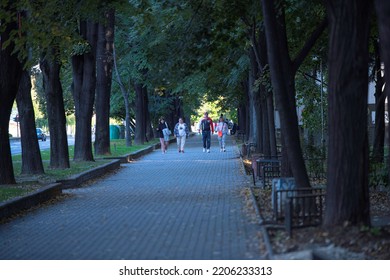 Skopje, Macedonia - 09 24 2022: People Walking Under Trees On A Long Alleyway In The City Of Skopje