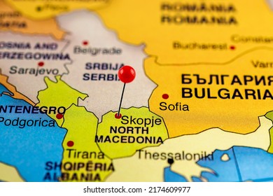Skopje map. Close up of Skopje map with red pin. Map with red pin point of Skopje in North Macedonia.