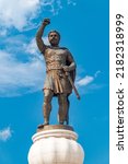 Skopje, North Macedonia - June 5, 2022: Statue of Philip II of Macedon, father of Alexander the Great monument. king of the ancient kingdom of Macedonia from 359 BC until his death in 336 BC.