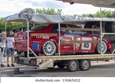 Skradin Croatia June 2020 Alfa Romeo Race Car Placed On A Trailer Being Towed After A Day At The Race Track