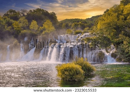 Skradinski buk waterfall in KRKA national park in Croatia. Sunset and beautiful landscape.