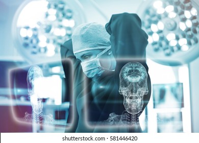 Skull And Brain Graphic On Black Against Female Surgeon Wearing Surgical Mask 3d