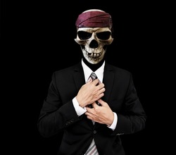 Skull Businessman In Black Suit, On Black Background