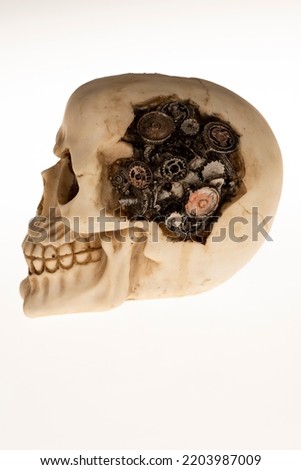 Skull and cogs home made skull with cogs for brains dramatic day of dead statue created by photograper Thailand Asia