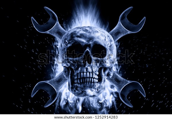 Skull and crescent\
wrench in fire on a black background. Photo manipulation artwork,\
3D rendering.