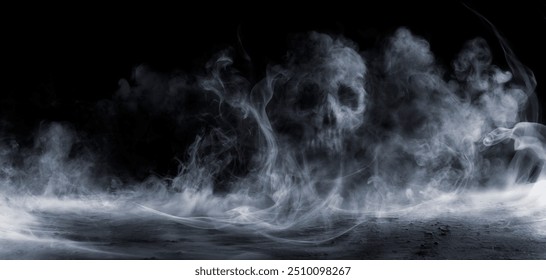 Skull Fog In Dark Halloween Background - Mist On Black Floor