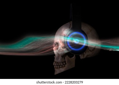 Skull in headphones on a black background