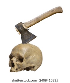 Skull of the human and axe on a white background.
