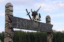 Skull On The Gate. Wooden Viking Gate. Wooden Fence. Vikings. Viking Settlement