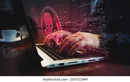 Skull pirate, online cyberattack, hack, threat and breach security symbol and man typing computer keyboard. Hands on laptop. Network, cyber technology and background abstract concept.