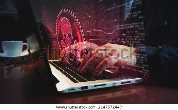 Skull pirate,\
online cyberattack, hack, threat and breach security symbol and man\
typing computer keyboard. Hands on laptop. Network, cyber\
technology and background abstract\
concept.
