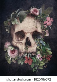Skull with plants on black background on vintage style. Photomanipulation