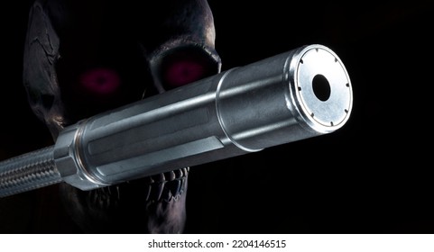 Skull With Purple Eyes Behind A Suppressor