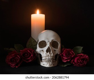 Skull And Roses Still Life With Column Candle Gothic