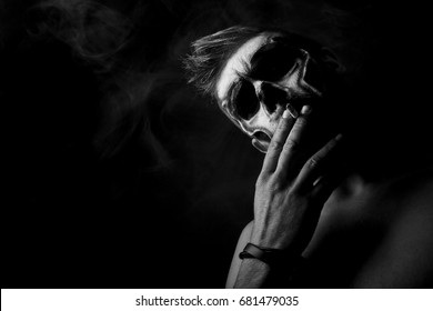 Skull Special Effects Makeup Black And White Studio Photography Smoking Danger Death