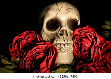 Skull surrounded by red flowers  - Powered by Shutterstock