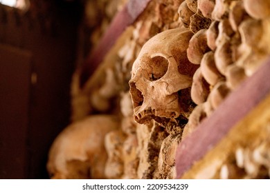 Skull in the wall with a lot of other bones in Faro Portugal