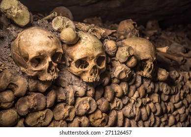 Skulls and bones in Paris Catacombs 