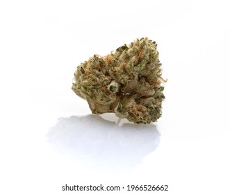 Skunk Teks Send Off Marijuana Flower Bud On A Glossy, White Background. 