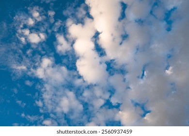 Sky background. Blue sky with white clouds for publication, design, poster, calendar, post, screensaver, wallpaper, postcard, banner, cover, website. High quality photography