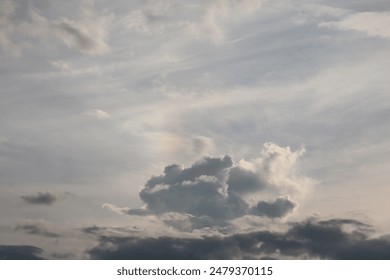 sky background with clouds. blue sky background with tiny clouds. rainy day. The sky has a faint rainbow.