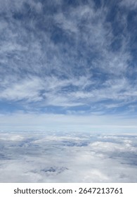 sky, beautiful cloud background with copy space. White Clouds and Dramatic Blue Sky View from Above in High Altitude Atmosphere. atmospheric background for themes of flight, freedom, travel, nature