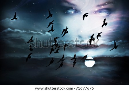 sky, birds, full moon and woman face, composed from two images