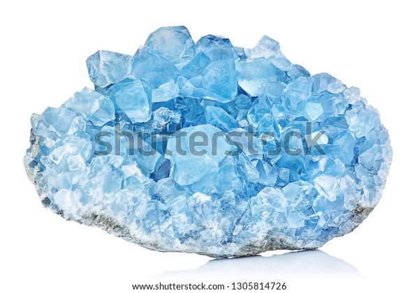 Sky Blue Celestine Crystal Stone macro mineral\
gemstone. Natural Azure rough Celestite crystals cluster isolated\
on white background