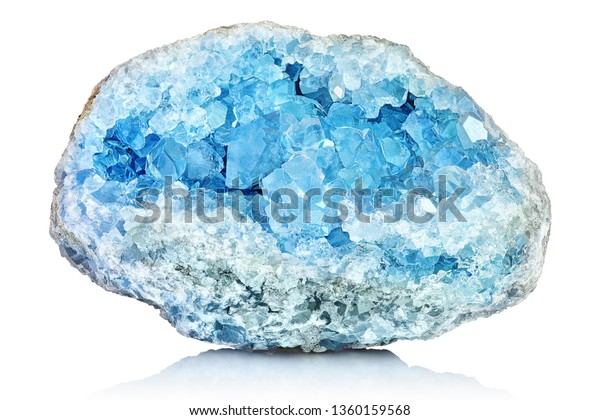 Sky Blue Celestine Crystal Stone macro mineral\
gemstone. Natural Azure rough Celestite crystals cluster isolated\
on white background