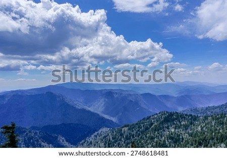 The sky is blue and cloudy, with a mountain range in the background. The mountains are covered in trees, and the sky is filled with clouds