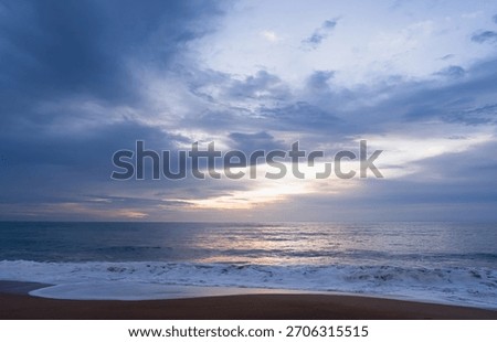 Sky Blue Dramatic Cloud Over Ocean Horizon, Panorama Landscape, Beautiful Sea Cloudy Background In Daylight, Sunrise Sun Over Beach, Coastal Nature Scenery, Summer Travel Banner And Copy Space.