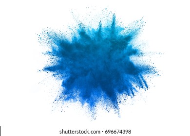 Sky Blue Powder On White Background. Colorful Dust Explode. Paint Holi.