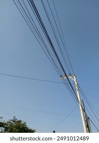 sky, cable, blue sky, cloud, tree, bright