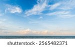 Sky, Cloud blue sea summer ocean, Dramatic nice horizon orange sunset sky evening background, Beautiful morning sunrise, Majestic fluffy banner sky clouds sun dawn, Landscape water nature light space 
