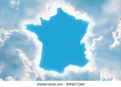 In the sky, clouds have dispersed in the form of a map of France. Concept of Divine Omen, Prophecy, Hope, Heavenly Sign for Country and Nation - Shutterstock ID 2094672346