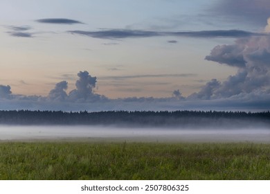 The sky is cloudy and the sun is setting. The clouds are white and the sky is a mix of blue and pink