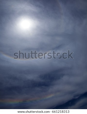 sky covered with light clouds, full circular halo around the sun, partial second halo