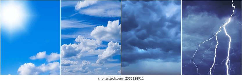 Sky in different weather. Different climate. Blue heaven on sunny day. Sky in cloudy weather. Clouds in blue skies. Template for meteorological forecast. Cloudy sky with lightning. Weather change