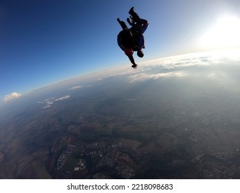 Sky Dive Tandem Friends At The Sunset.