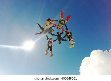 Sky Diving Group Formation Low Angle View