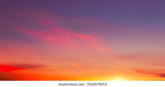Sky Dusk Background,Sunset Dramatic Pink, Orange, Red,Yellow Sky, Cloud with golden sunlight over sea beach in evening summer,Nature landscape banner,Horizon Sunrise sky pastel blue,purple in morning 