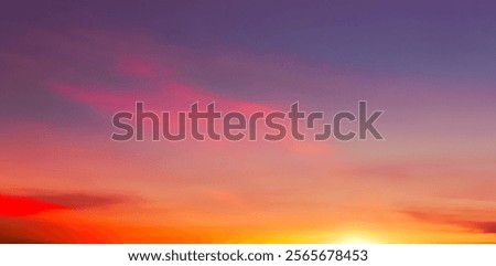 Sky Dusk Background,Sunset Dramatic Pink, Orange, Red,Yellow Sky, Cloud with golden sunlight over sea beach in evening summer,Nature landscape banner,Horizon Sunrise sky pastel blue,purple in morning 