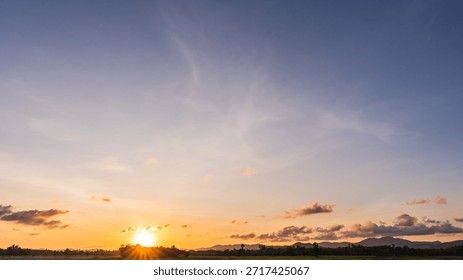 Sky dusk dramatic background, Summer season gold sunset landscape nature light clouds blue orange yellow color, Colorful sunrise sun cloud beauty, Mountain horizon beautiful sunlight weather sunshine 