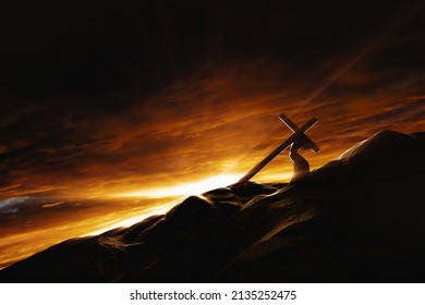 The sky of Golgotha Hill is enveloped in majestic light and clouds, and Jesus Christ carrying the cross of suffering symbolizing death, sacrifice and resurrection
