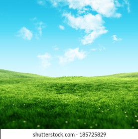 Sky And Grass Background, Fresh Green Fields Under The Blue Sky In Spring