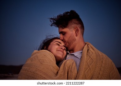 Sky, love and couple with blanket at night, enjoying the evening together. Young man and woman in relationship bond in star gazing, camping and cuddling. Travel, peace and people on nature holiday - Shutterstock ID 2211222287