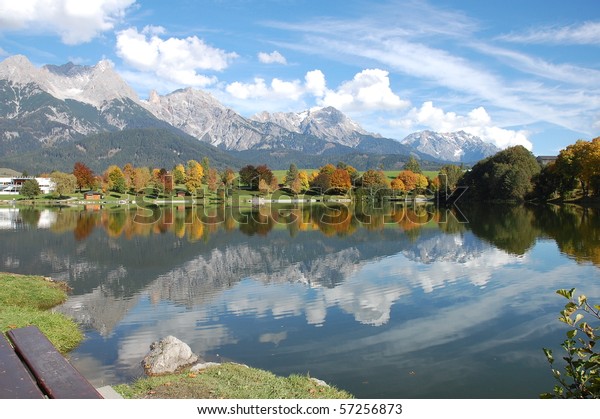 Sky Mirroring Lake Called Ritzensee Saalfelden Stock Image