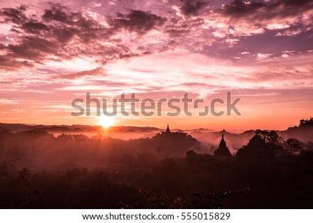 Sky Myanmar Background, morning sunrise at mountain, landscape, temple bagan in Mandalay