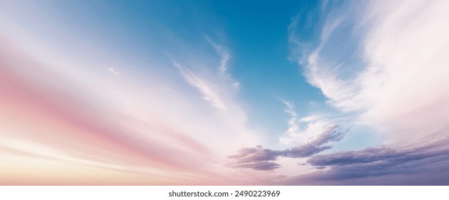 sky panorama featuring soft pink to blue gradient hues, delicate crescent moon presence, peaceful dawn or dusk setting, ethereal cloud formations stretching across horizon - Powered by Shutterstock